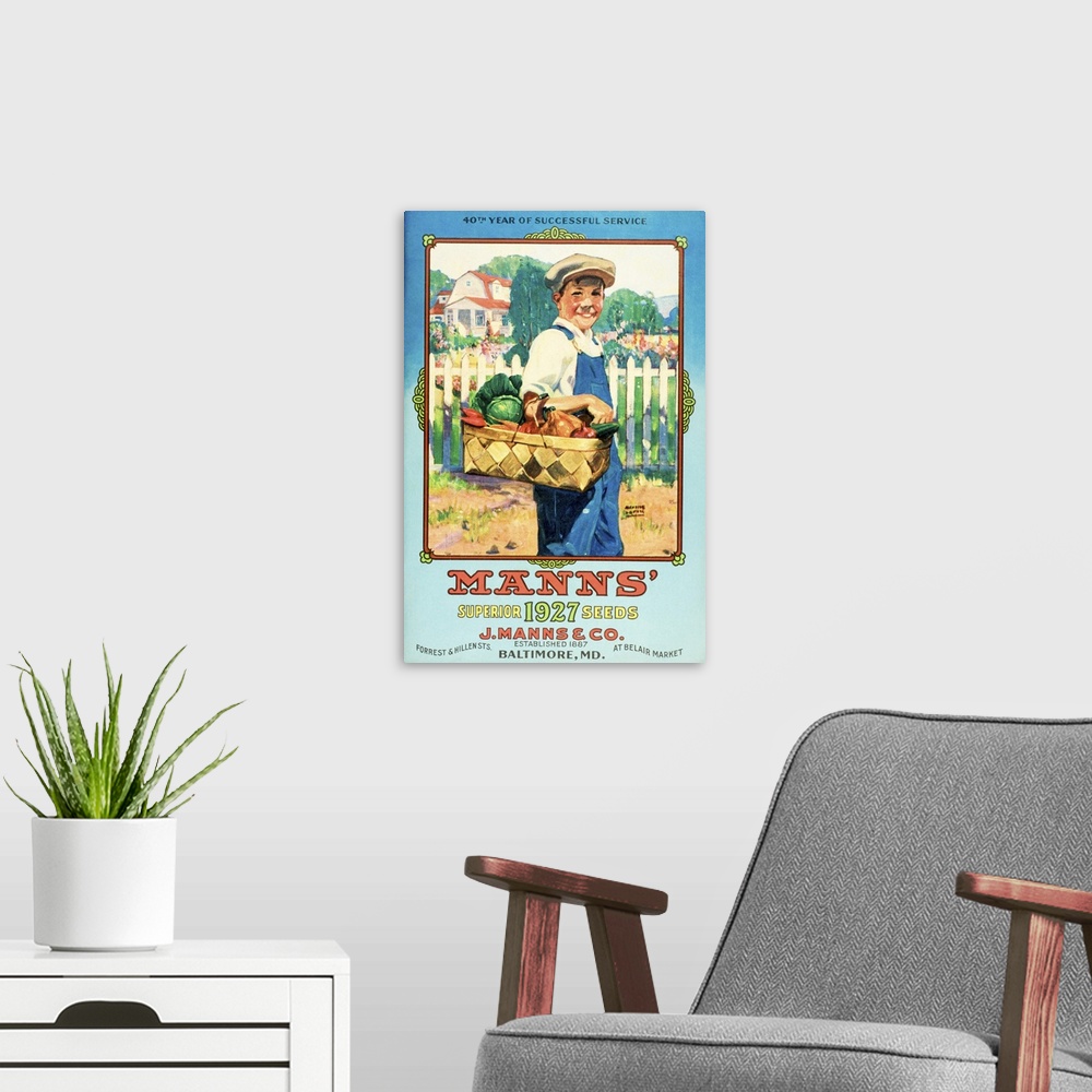 A modern room featuring Mann's seed catalog with illustration of boy holding vegetables from the 20th century