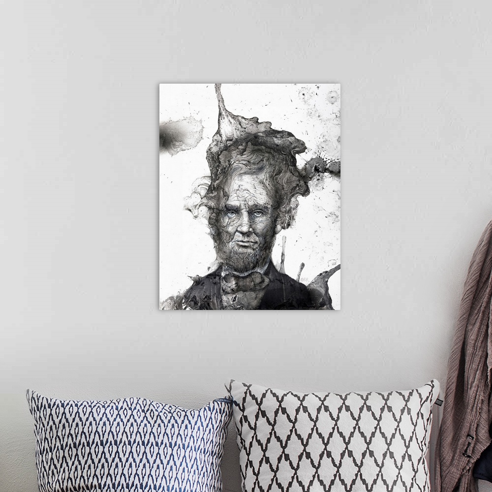 A bohemian room featuring Black And White ilustration Of A Man's Face With A Beard And Abstract Patterns Emerging From His ...