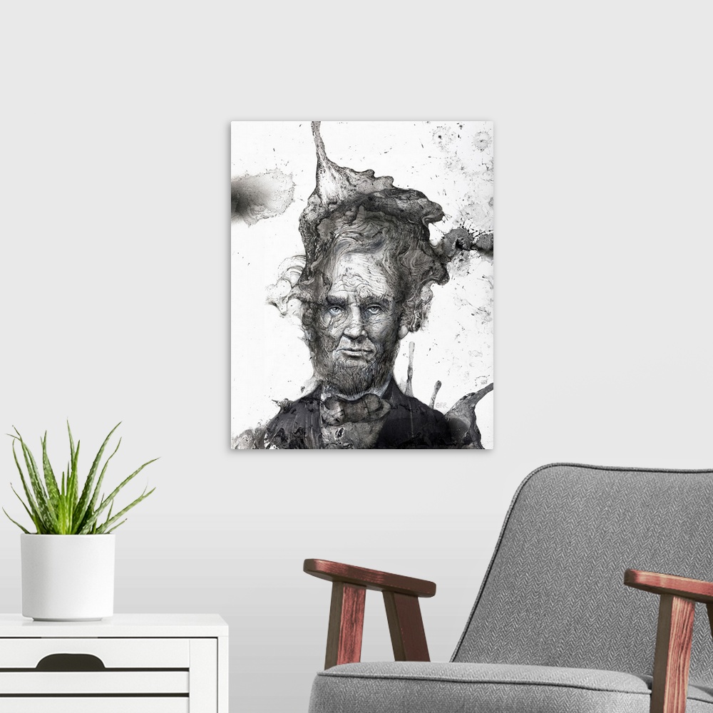 A modern room featuring Black And White ilustration Of A Man's Face With A Beard And Abstract Patterns Emerging From His ...