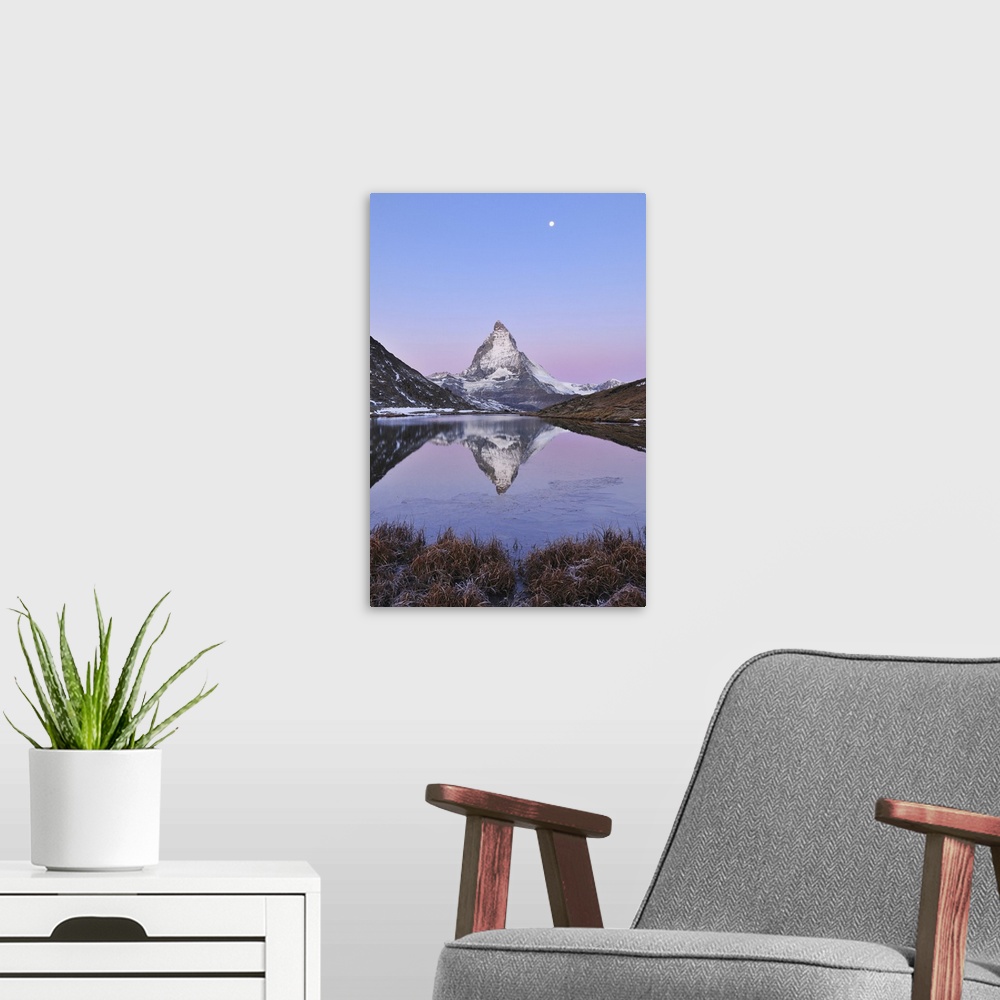 A modern room featuring Matterhorn reflected in Lake Riffelsee at Dawn with Moon, Zermatt, Alps, Valais, Switzerland