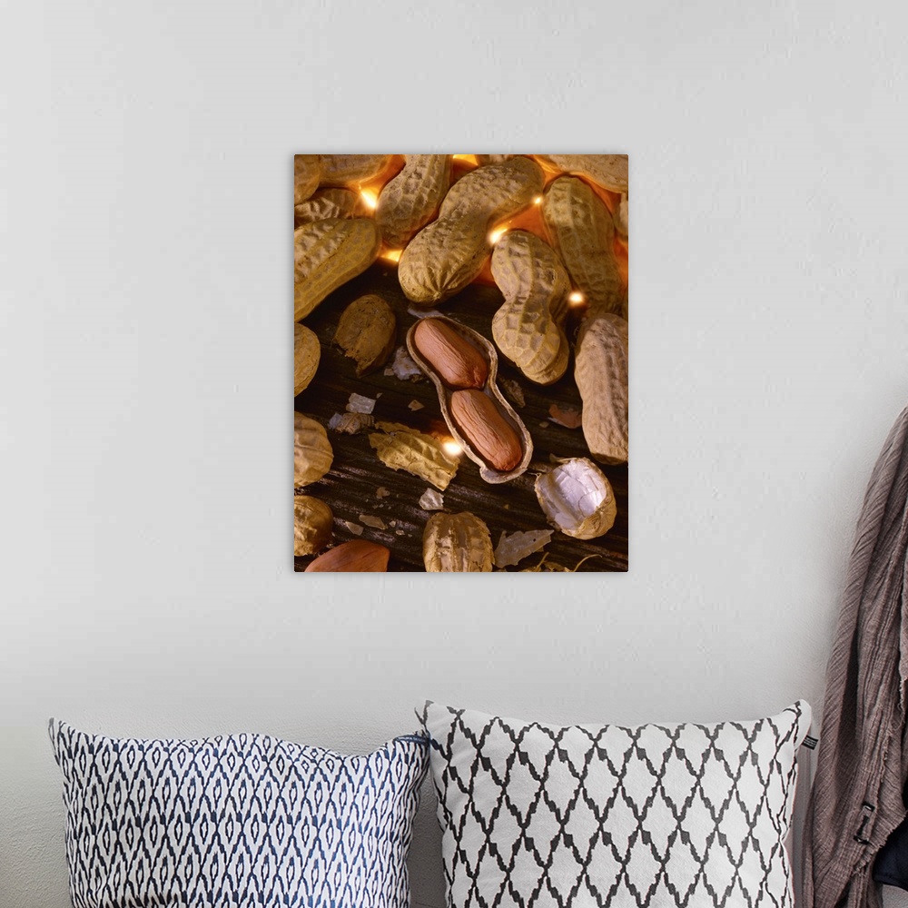 A bohemian room featuring Mature peanuts on wood with one cracked open