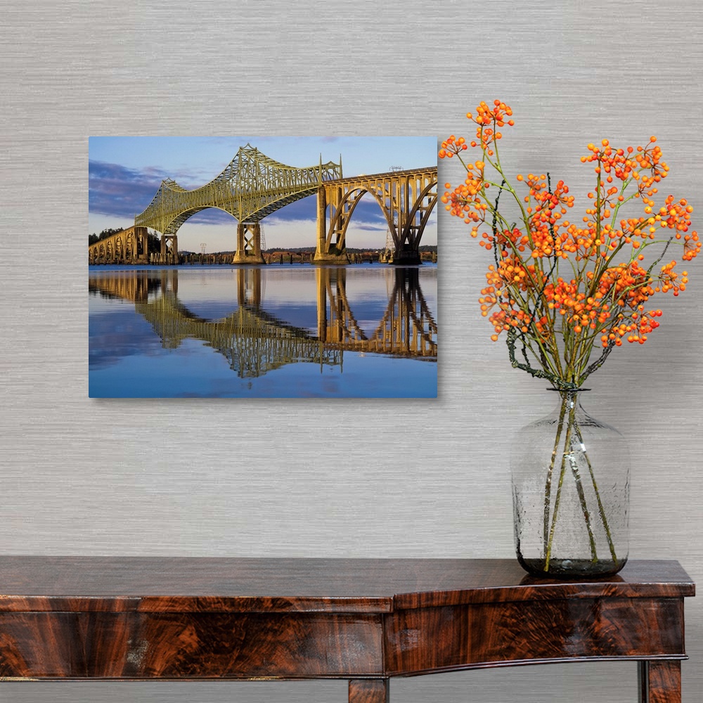 A traditional room featuring McCollough Memorial Bridge crosses Coos Bay. North Bend, Oregon, United States of America.