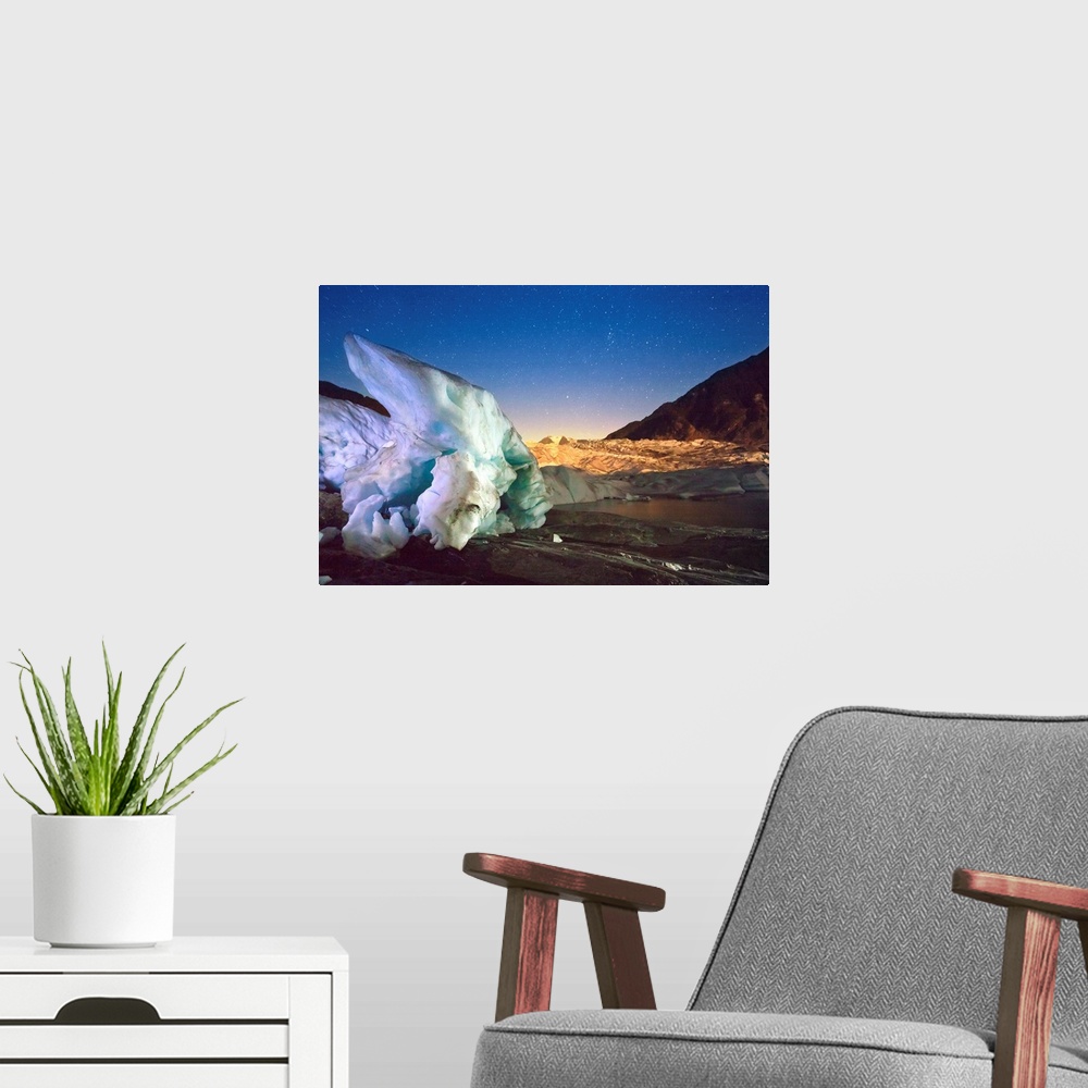 A modern room featuring Nocturnal Photography of the terminus of the Mendenhall Glacier, Light painting with flashlights,...