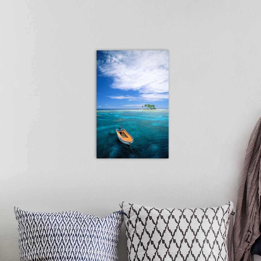 A bohemian room featuring Micronesia, Small Boat In Turquoise Waters Off Small Island With Palm Trees