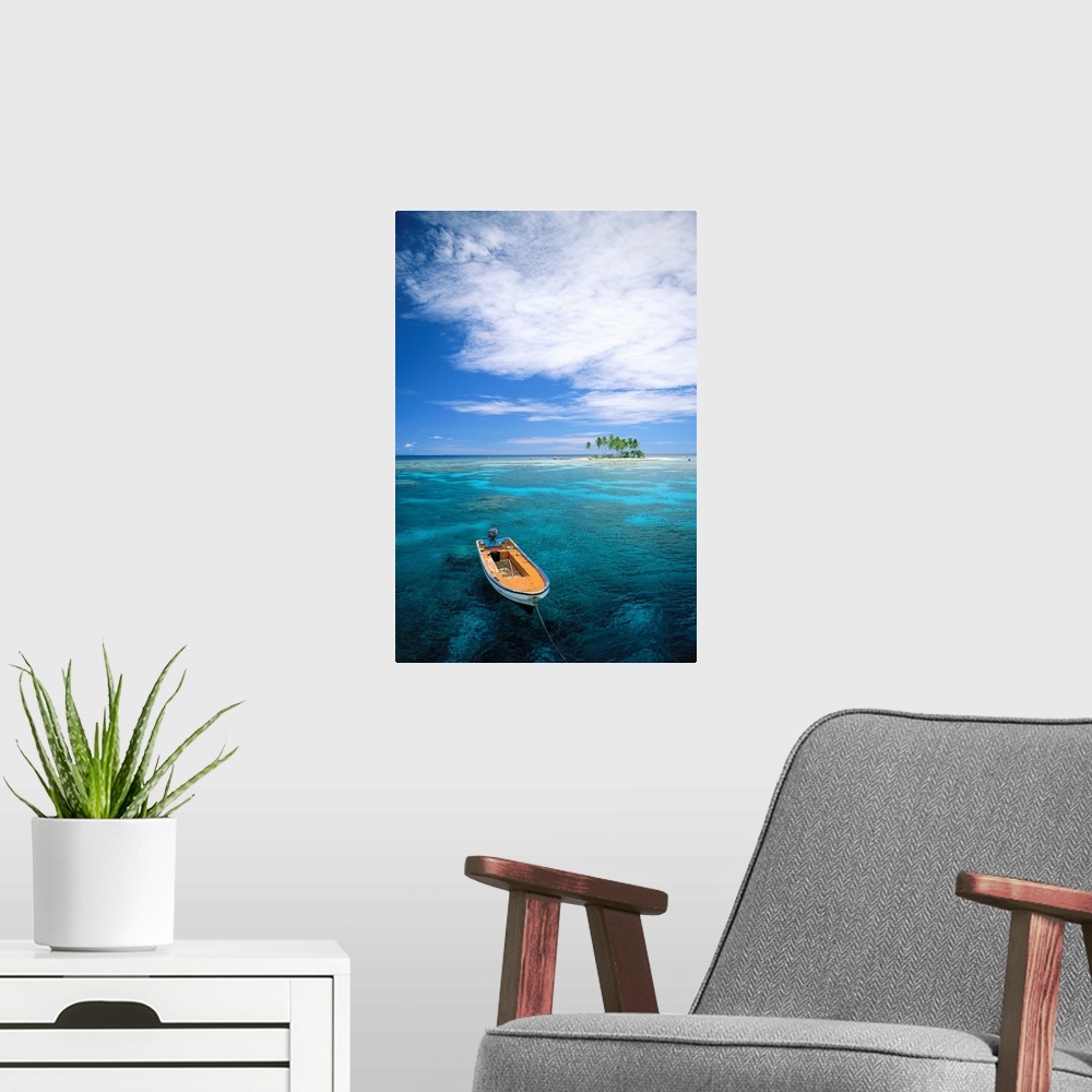A modern room featuring Micronesia, Small Boat In Turquoise Waters Off Small Island With Palm Trees