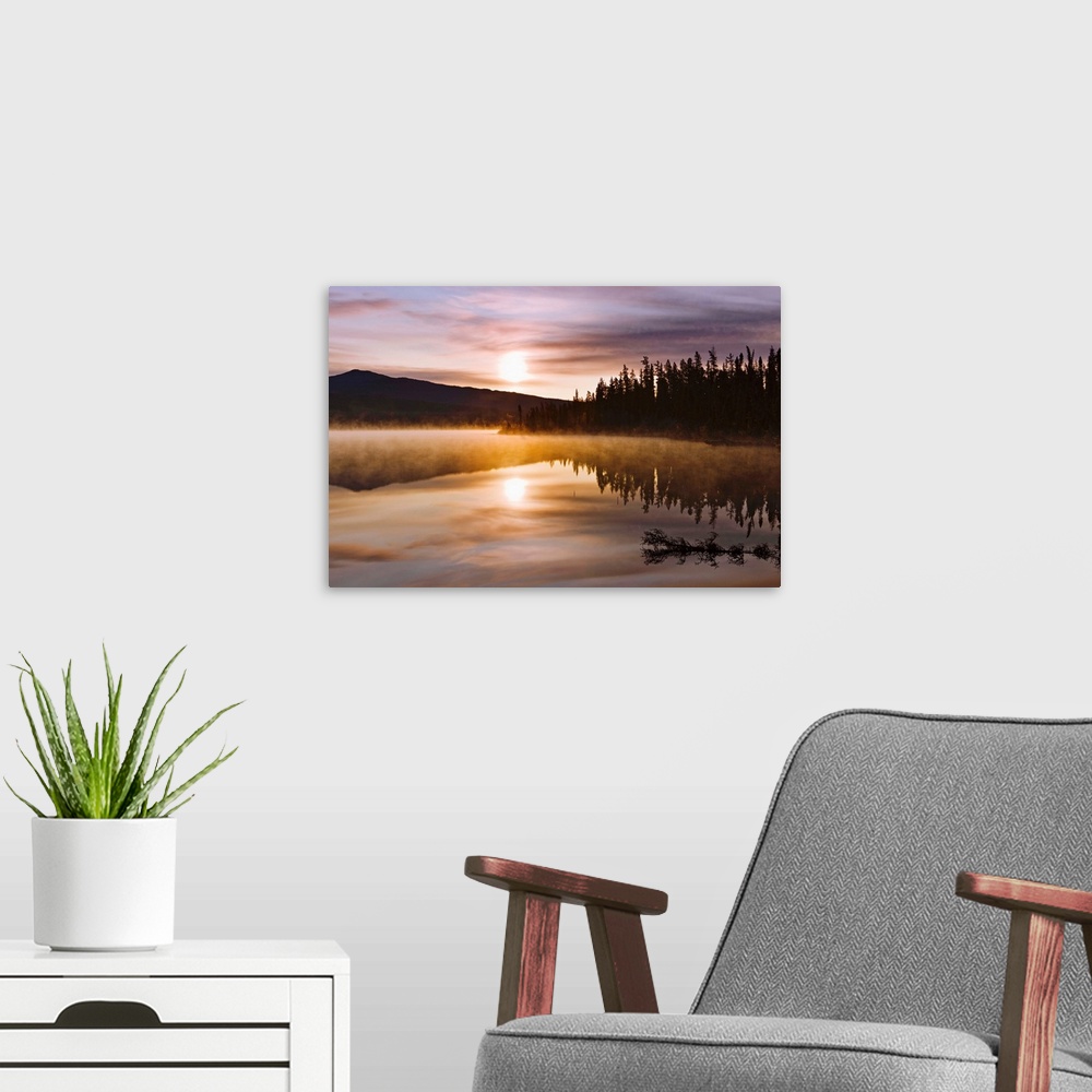 A modern room featuring Mist Over Lake At Sunrise, Northern British Columbia, Canada