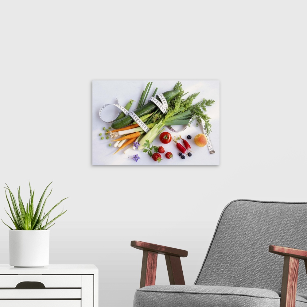 A modern room featuring Mixed fruit and vegetable still-life with a measuring tape