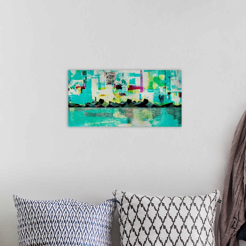 A bohemian room featuring Mixed media art depicting mountains and ocean in Alaska.