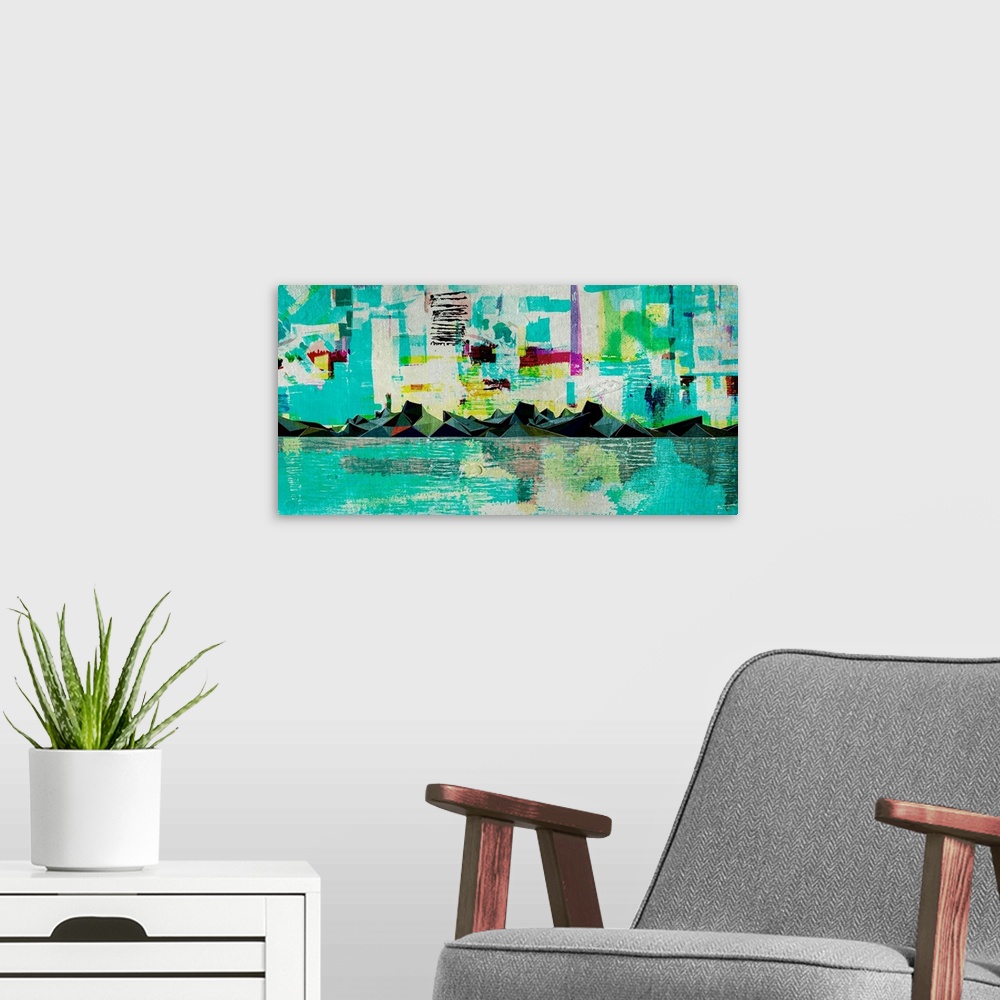 A modern room featuring Mixed media art depicting mountains and ocean in Alaska.