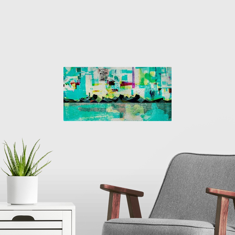A modern room featuring Mixed media art depicting mountains and ocean in Alaska.