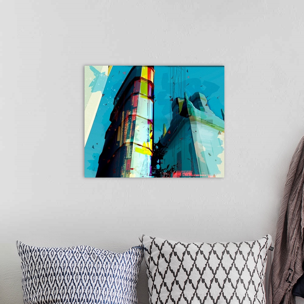 A bohemian room featuring Mixed media artwork on panel of buildings in New York city.