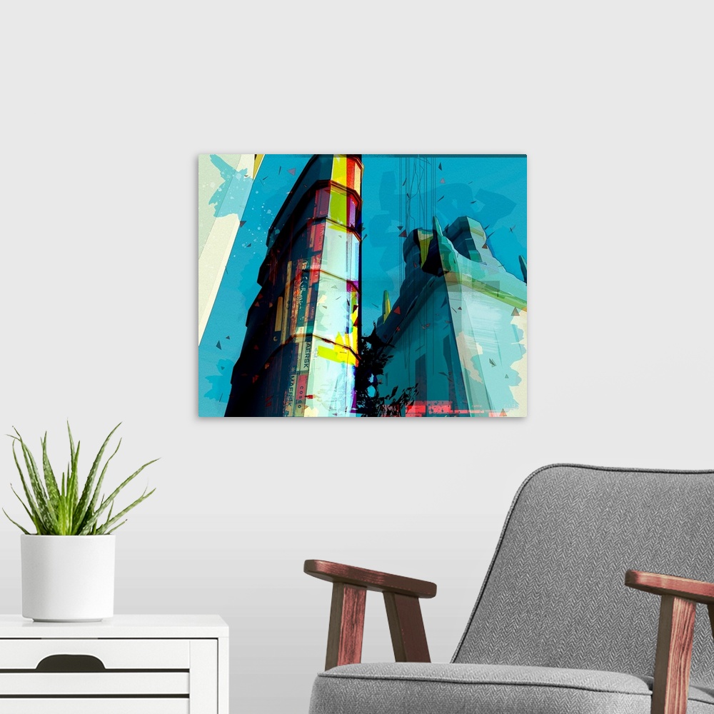 A modern room featuring Mixed media artwork on panel of buildings in New York city.