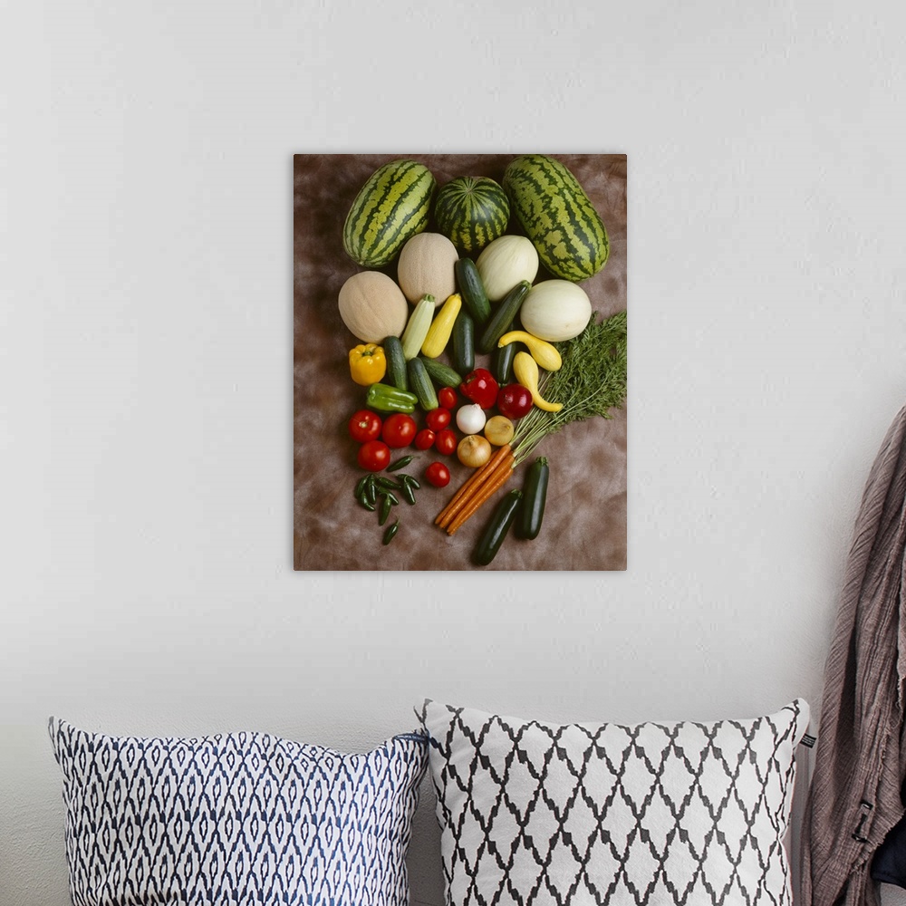 A bohemian room featuring Mixed vegetables and melons