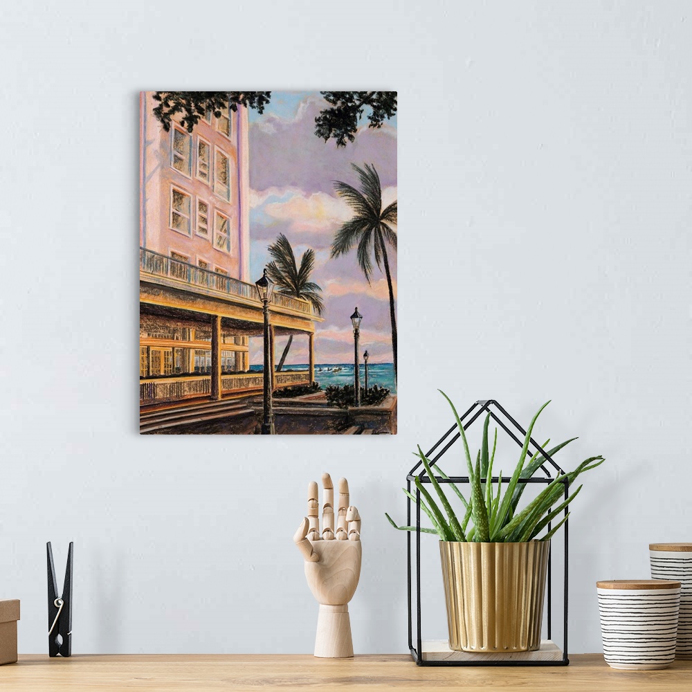 A bohemian room featuring Moana At Sunset, Hawaii, Oahu, Town At Dusk And Oceanview (Acrylic Painting).