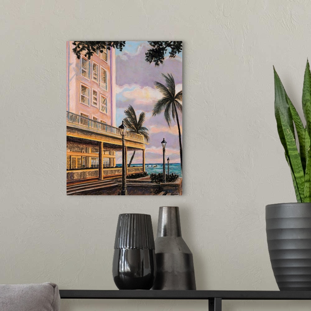 A modern room featuring Moana At Sunset, Hawaii, Oahu, Town At Dusk And Oceanview (Acrylic Painting).