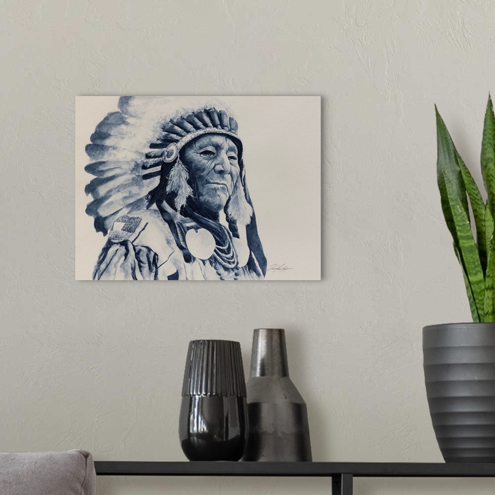 A modern room featuring Monochromatic watercolor of aboriginal elder with headdress.