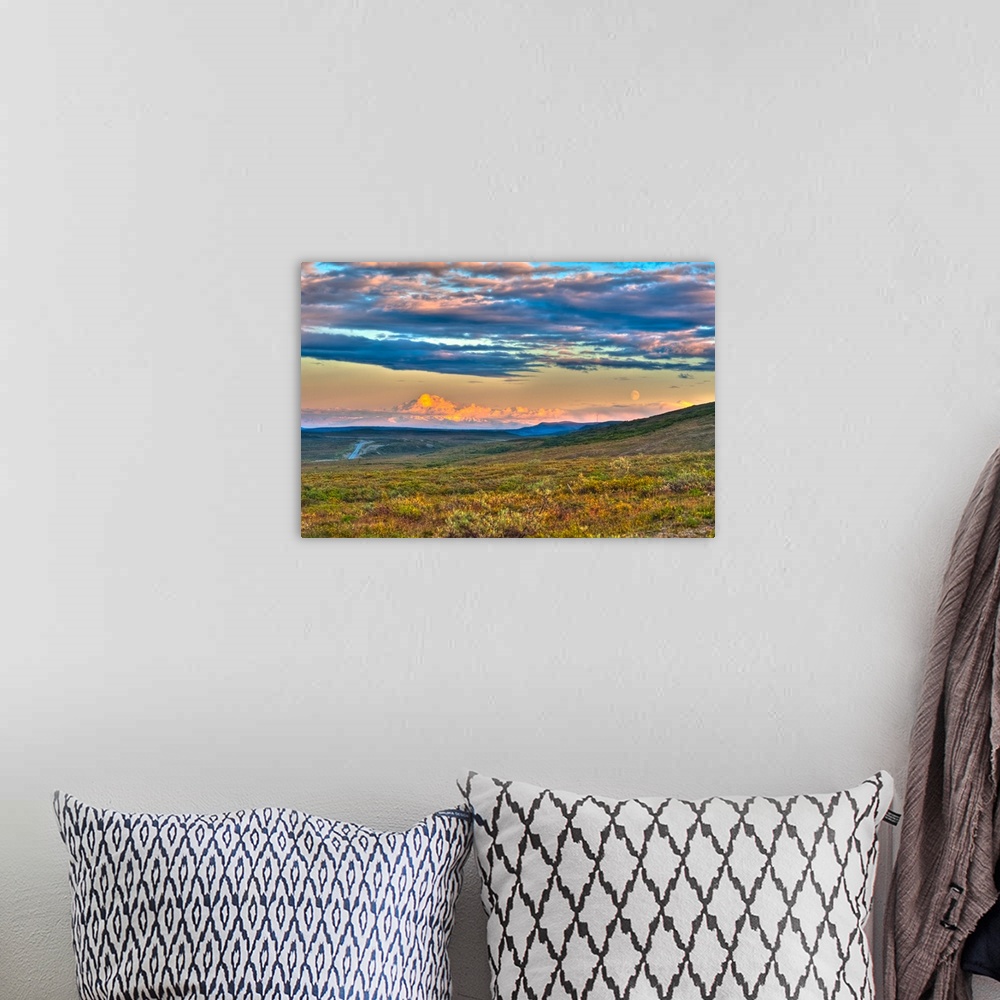 A bohemian room featuring Moon rising and Mount Drum at sunset along the Denali Highway