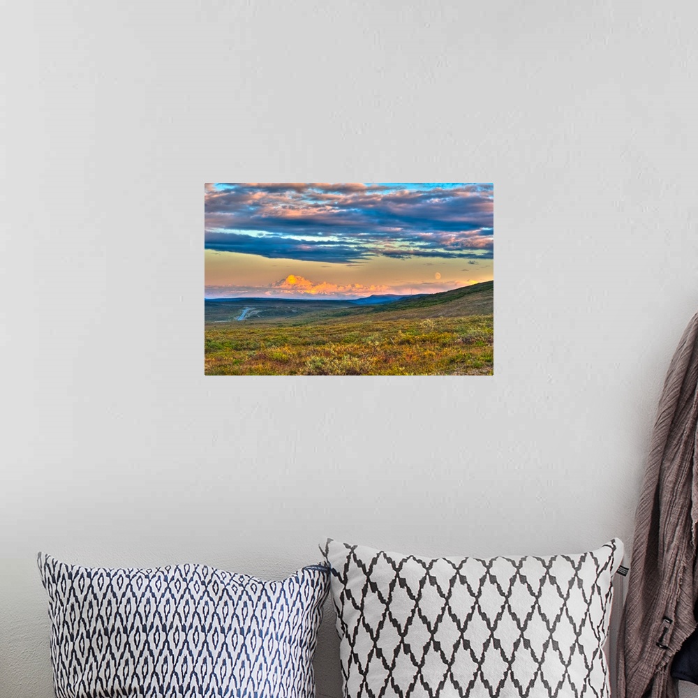 A bohemian room featuring Moon rising and Mount Drum at sunset along the Denali Highway