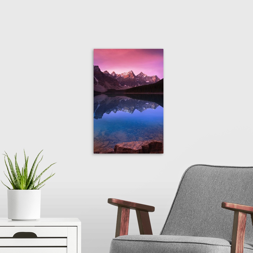 A modern room featuring Moraine Lake's Valley Of The Ten Peaks; Lake Louise, Alberta, Canada