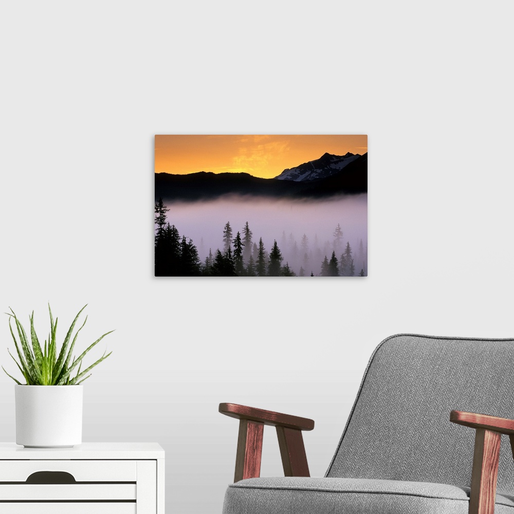 A modern room featuring Rising fog along Snow River tinted orange at sunrise, Seward Highway below Paradise Peak, Chugach...