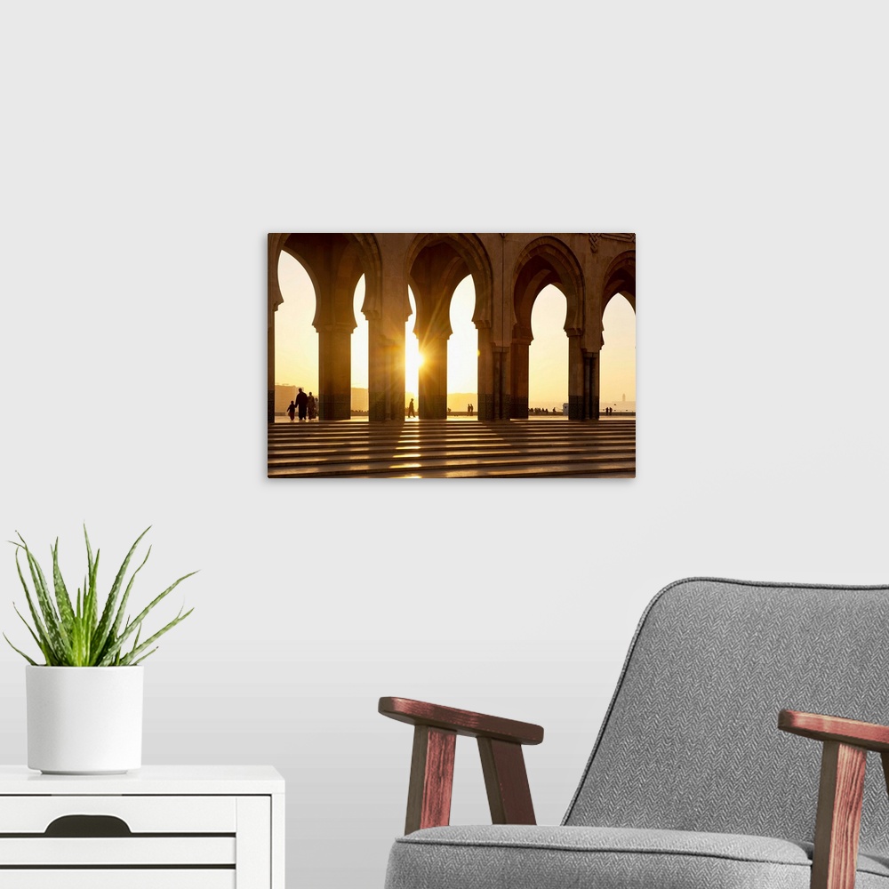 A modern room featuring Morocco, Archways of Hassan II mosque at dusk, Casablanca
