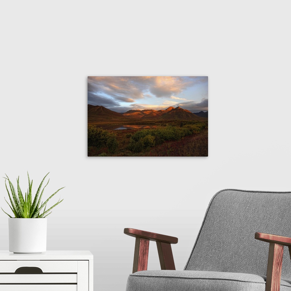 A modern room featuring Morning Sunlight Lighting Up Mount Adney And Fall Colours Along The Dempster Highway, Yukon