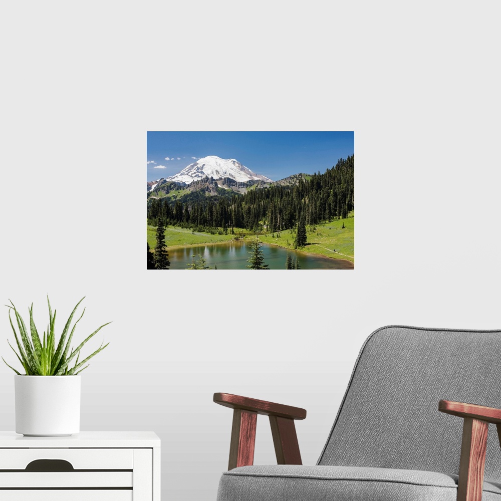 A modern room featuring A view of Mount Rainier above Tipsoo Lake, near the top of Chinook Pass on Highway 410 in the Cas...