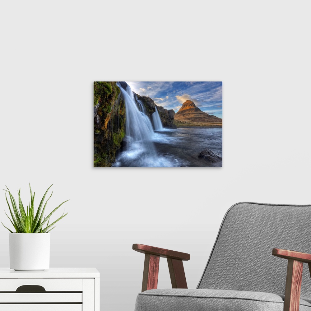 A modern room featuring Mountain kirkjufell and waterfall kirkjufellsfoss on the snaefellsnes peninsula, Iceland