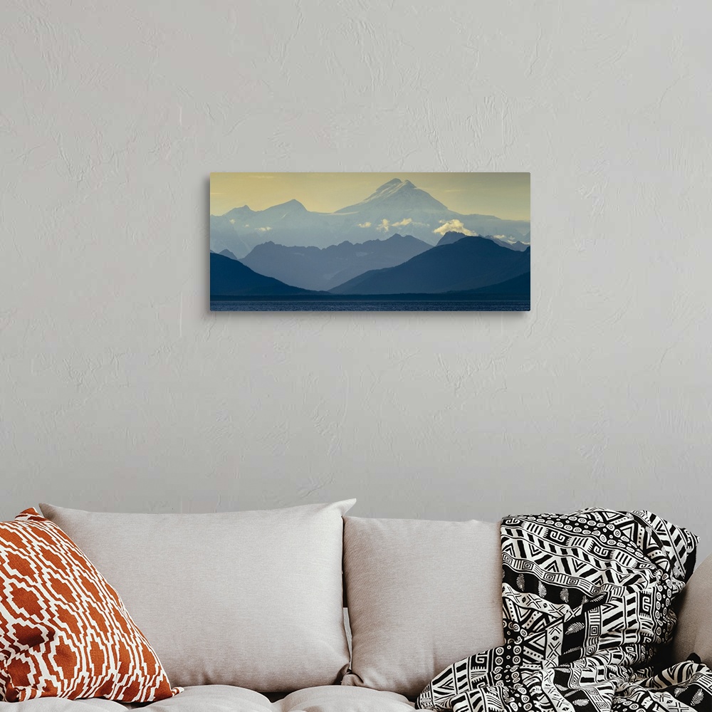 A bohemian room featuring Mountain peak and foothills at sunrise in  Glacier Bay National Park and Preserve, Inside Passage...