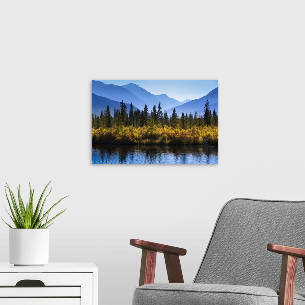 A modern room featuring Autumn Vegetation and Mountain Range at Vermilion Lakes, near Banff, Banff National Park, Alberta...