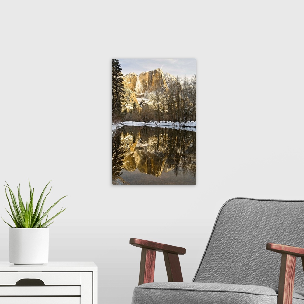 A modern room featuring Mountains Reflecting In Merced River In Winter, Yosemite National Park, California