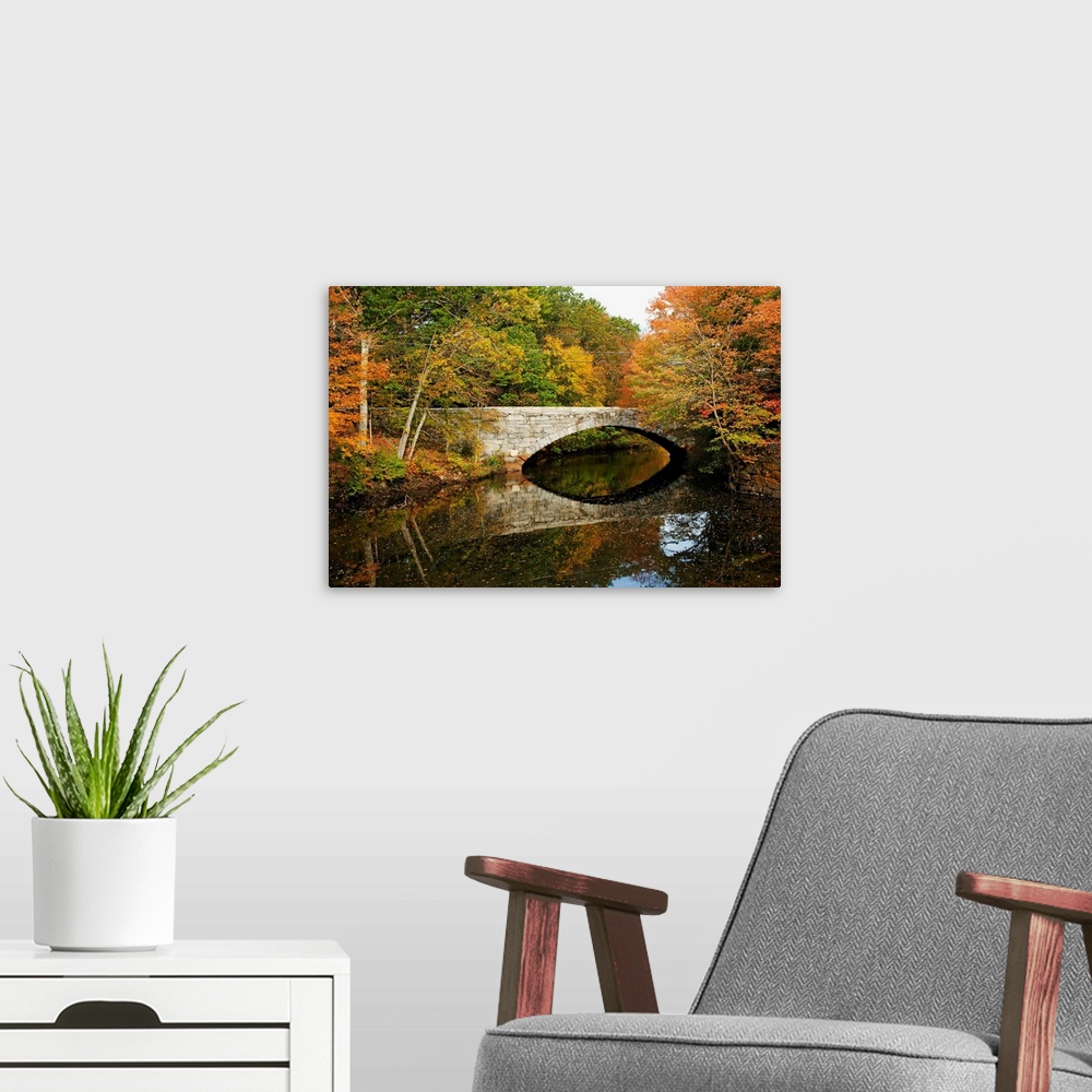 A modern room featuring New England, Massachusetts, Blackstone Valley, Bridge Over River In Autumn