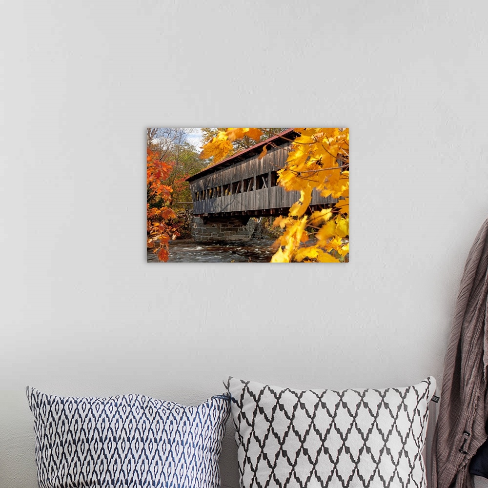 A bohemian room featuring New England, New Hampshire, White Mountains, A Covered Bridge Over A River In Autumn