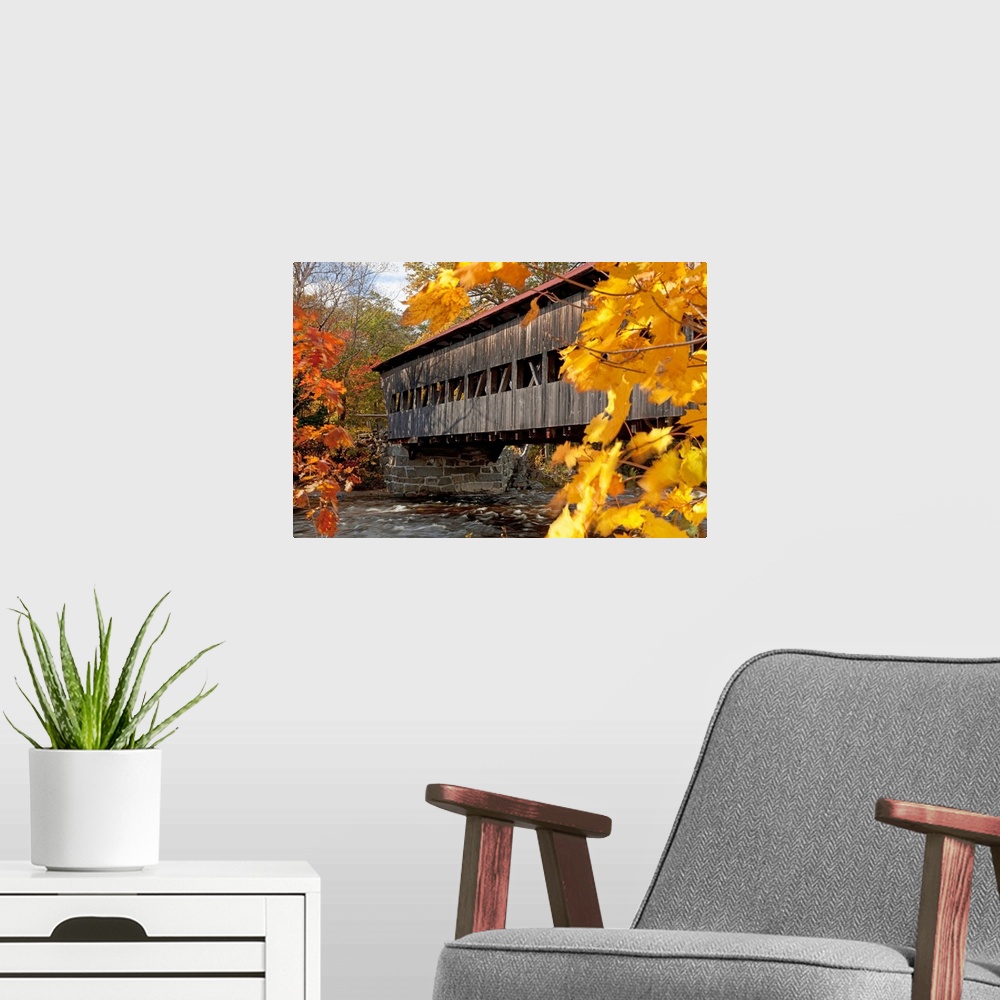 A modern room featuring New England, New Hampshire, White Mountains, A Covered Bridge Over A River In Autumn