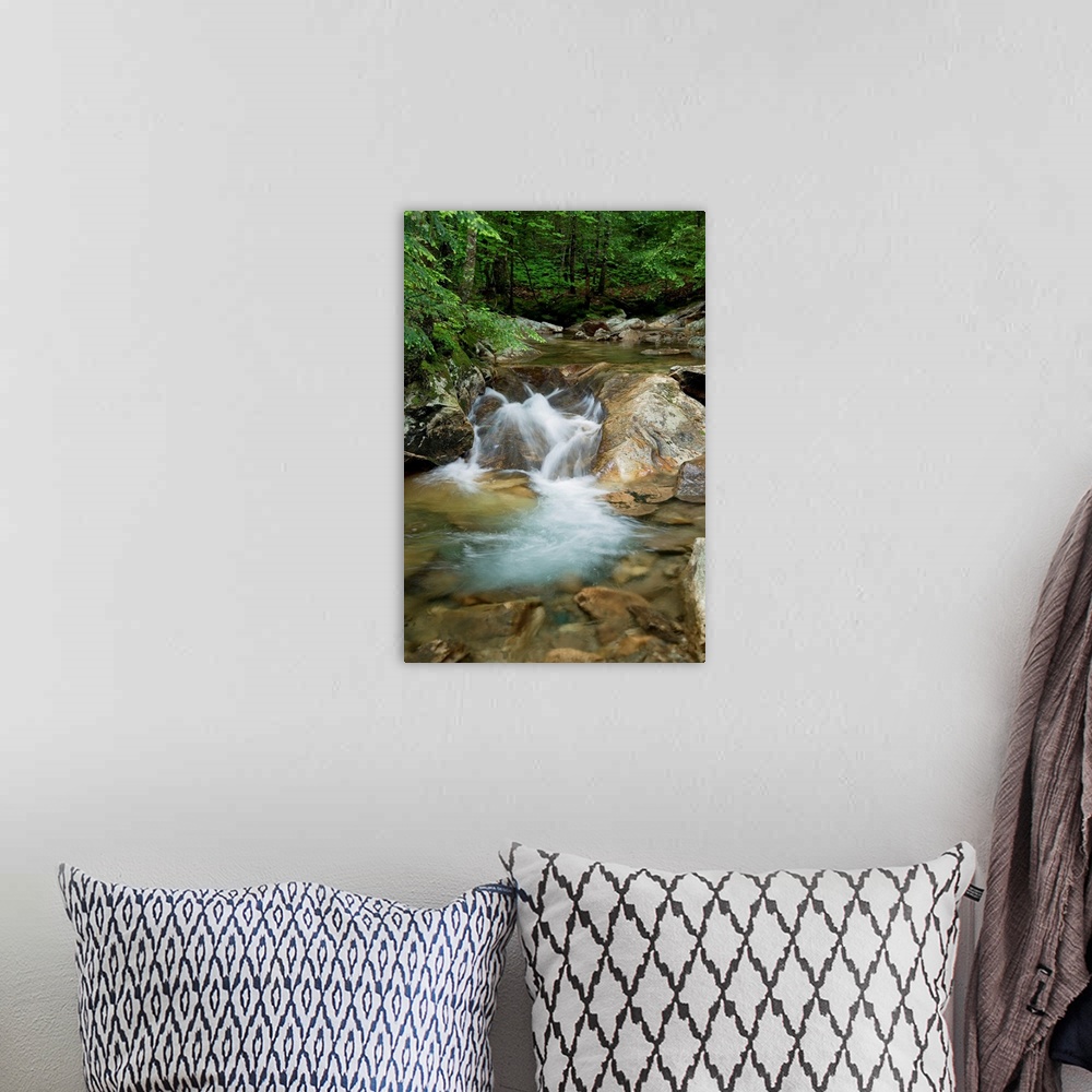 A bohemian room featuring New England, New Hampshire, White Mountains, A Rocky Riverbed And Waterfall