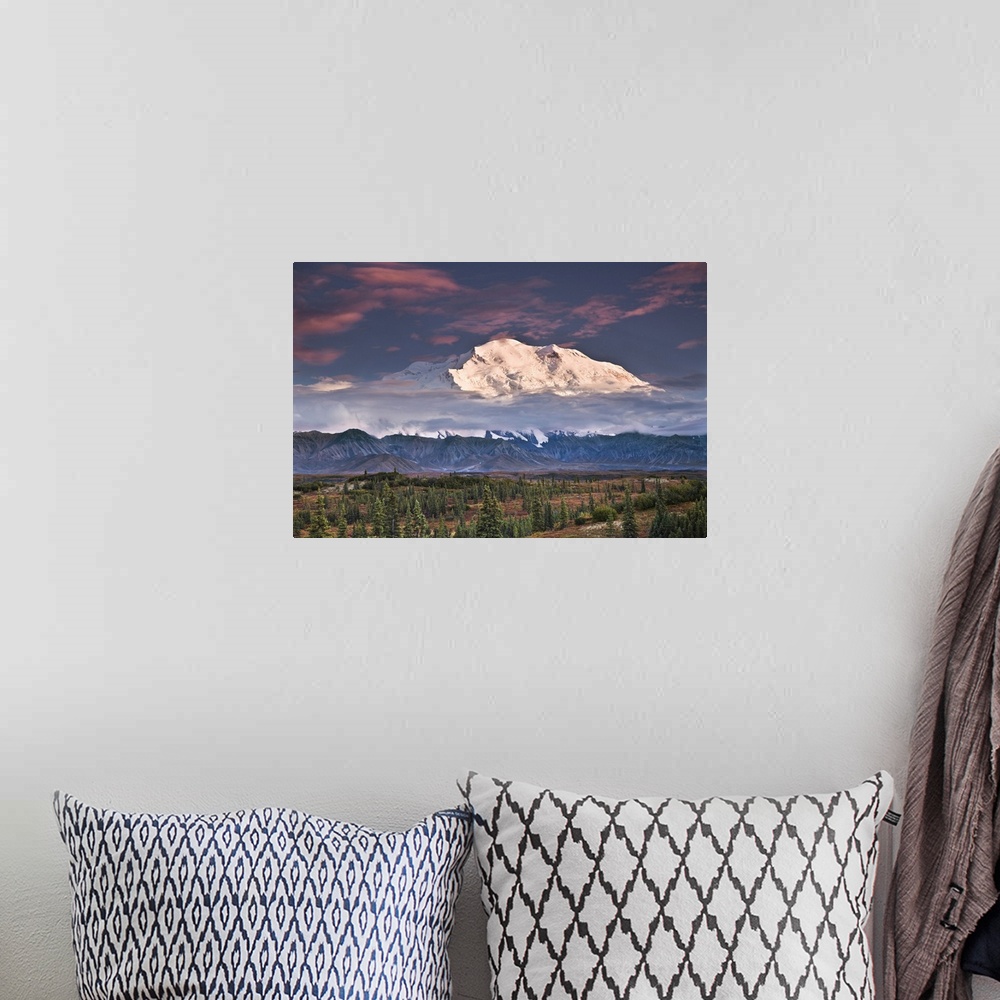 A bohemian room featuring North Face Of Denali At Sunset As Seen From The Wonder Lake Campground In Denali National Park, A...