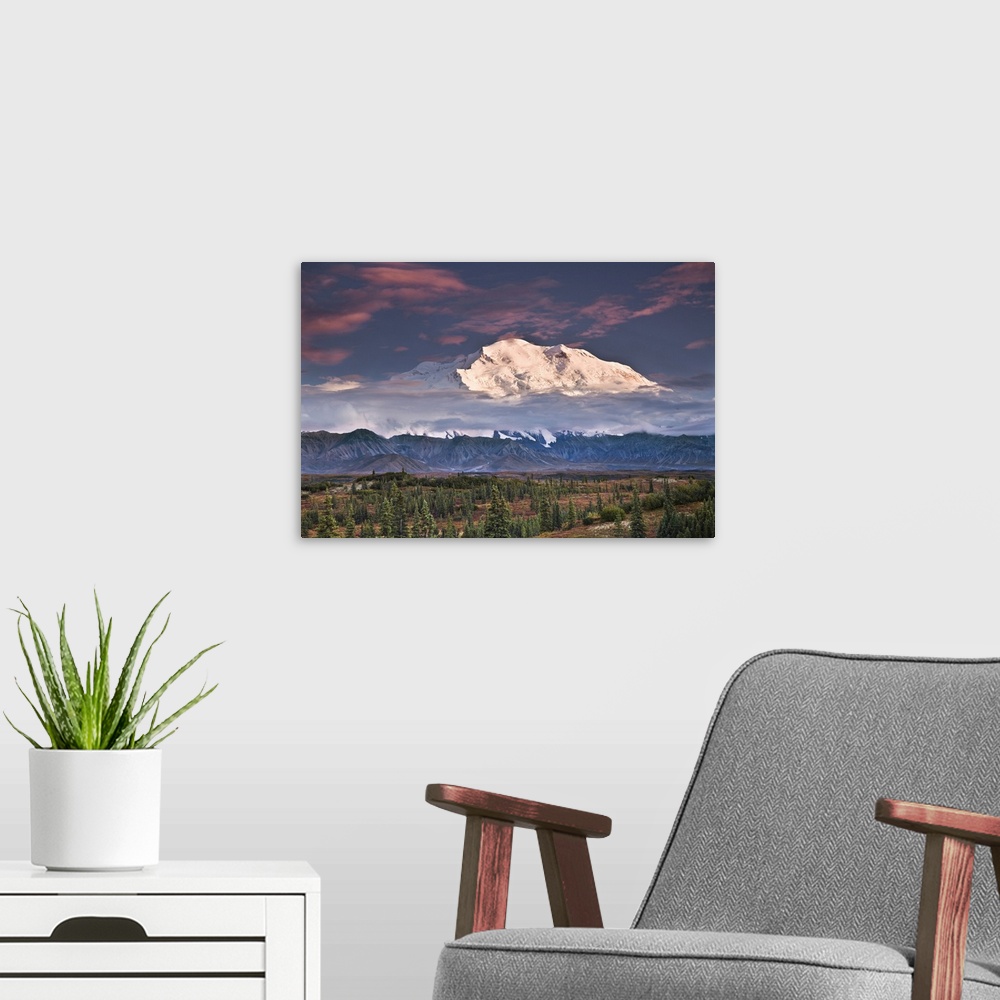 A modern room featuring North Face Of Denali At Sunset As Seen From The Wonder Lake Campground In Denali National Park, A...