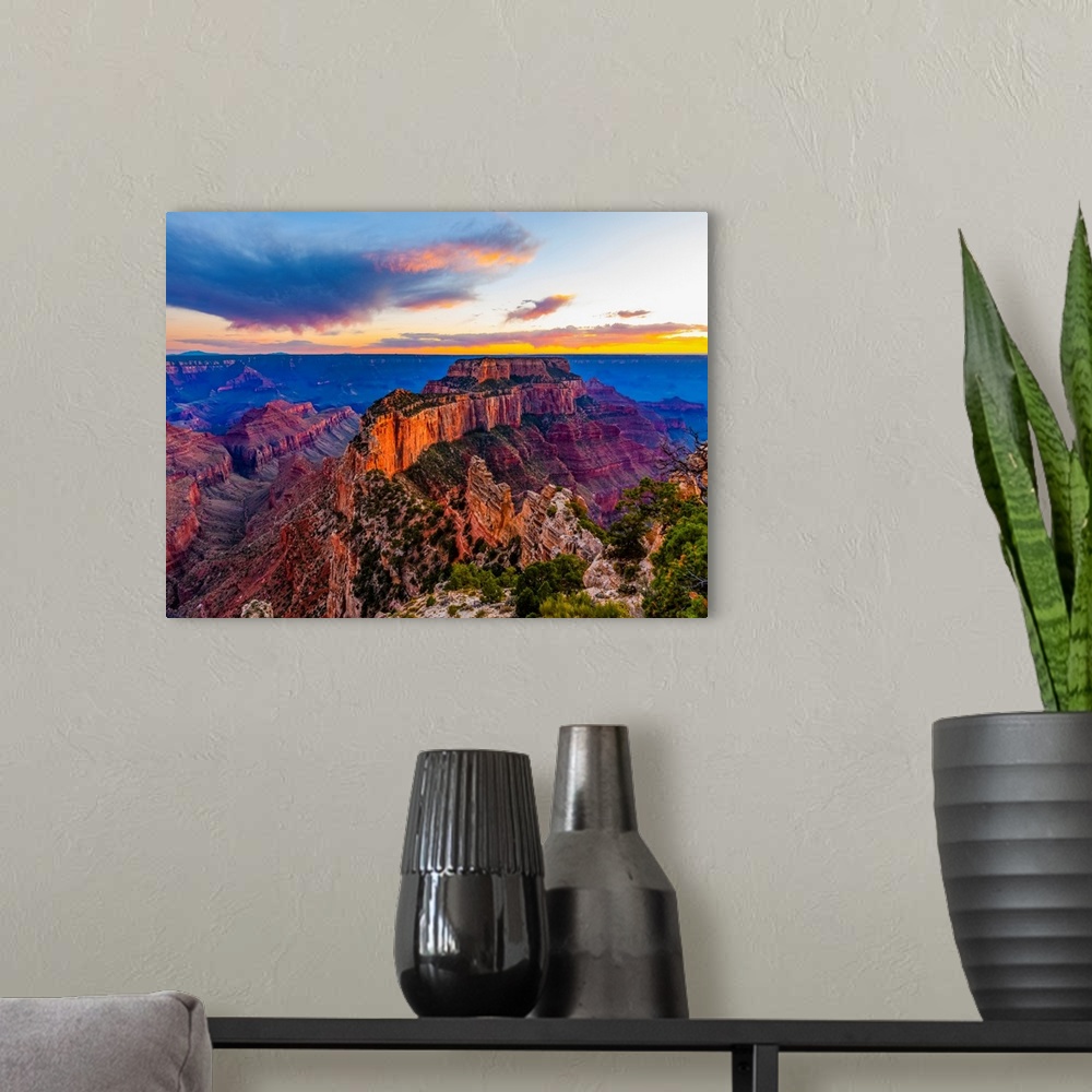 A modern room featuring North rim of the Grand Canyon at sunset, Arizona, united states of America.