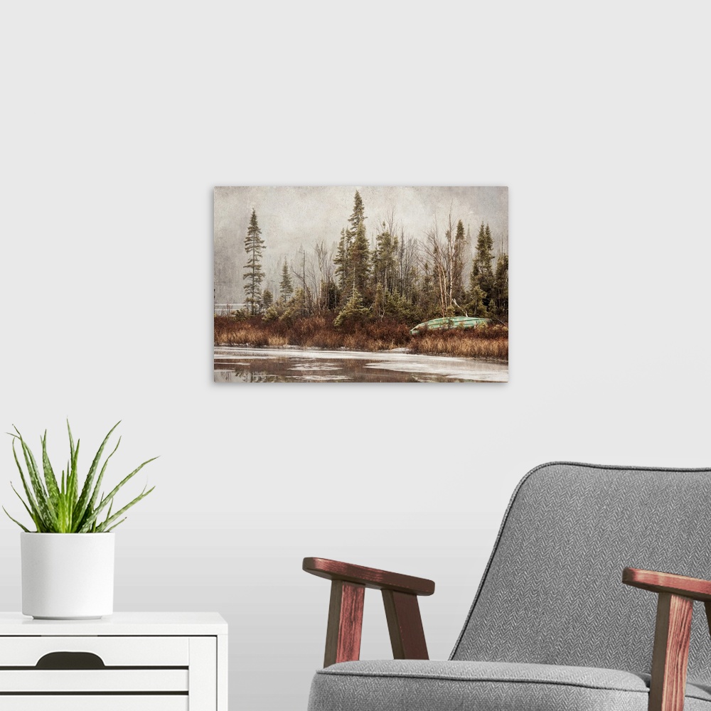 A modern room featuring Northern Autumn Landscape In Fog And Ice; Thunder Bay, Ontario, Canada