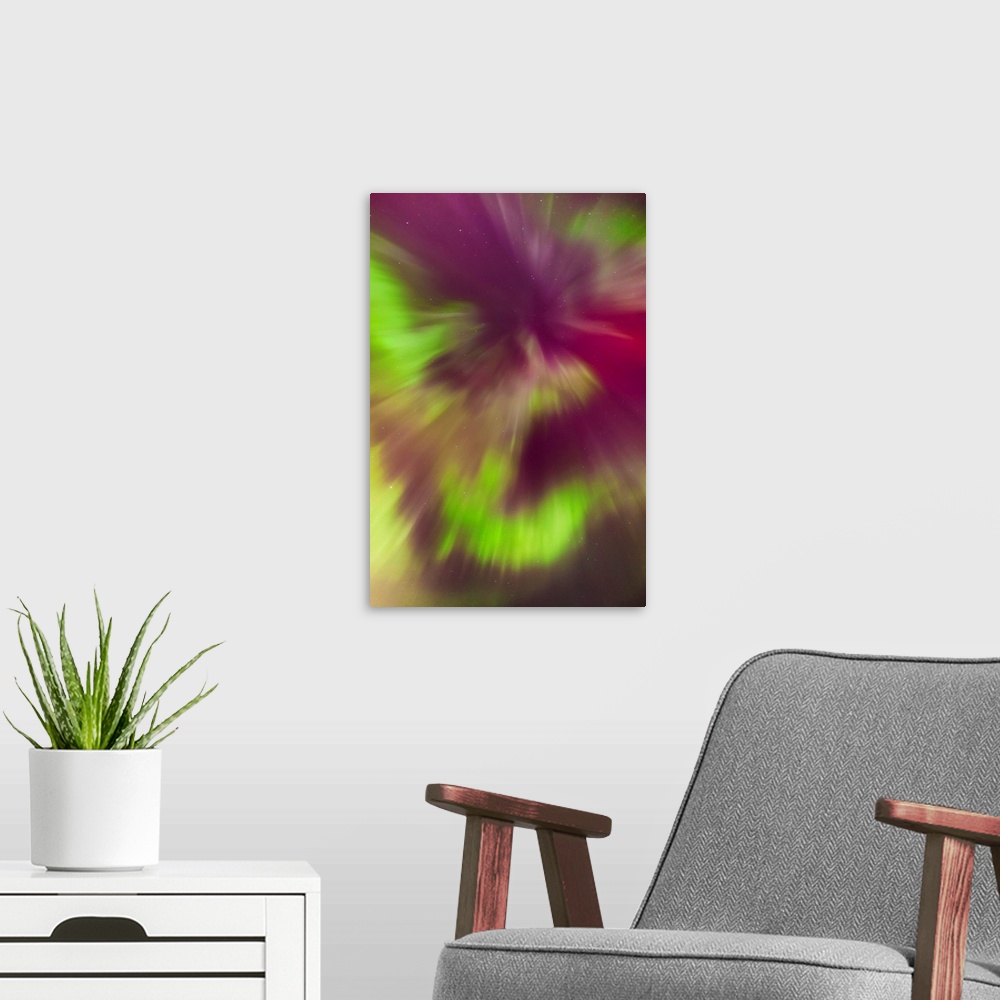 A modern room featuring A Green And Magenta Northern Lights Corona In The Sky Above The Tony Knowles Coastal Trail, Winte...