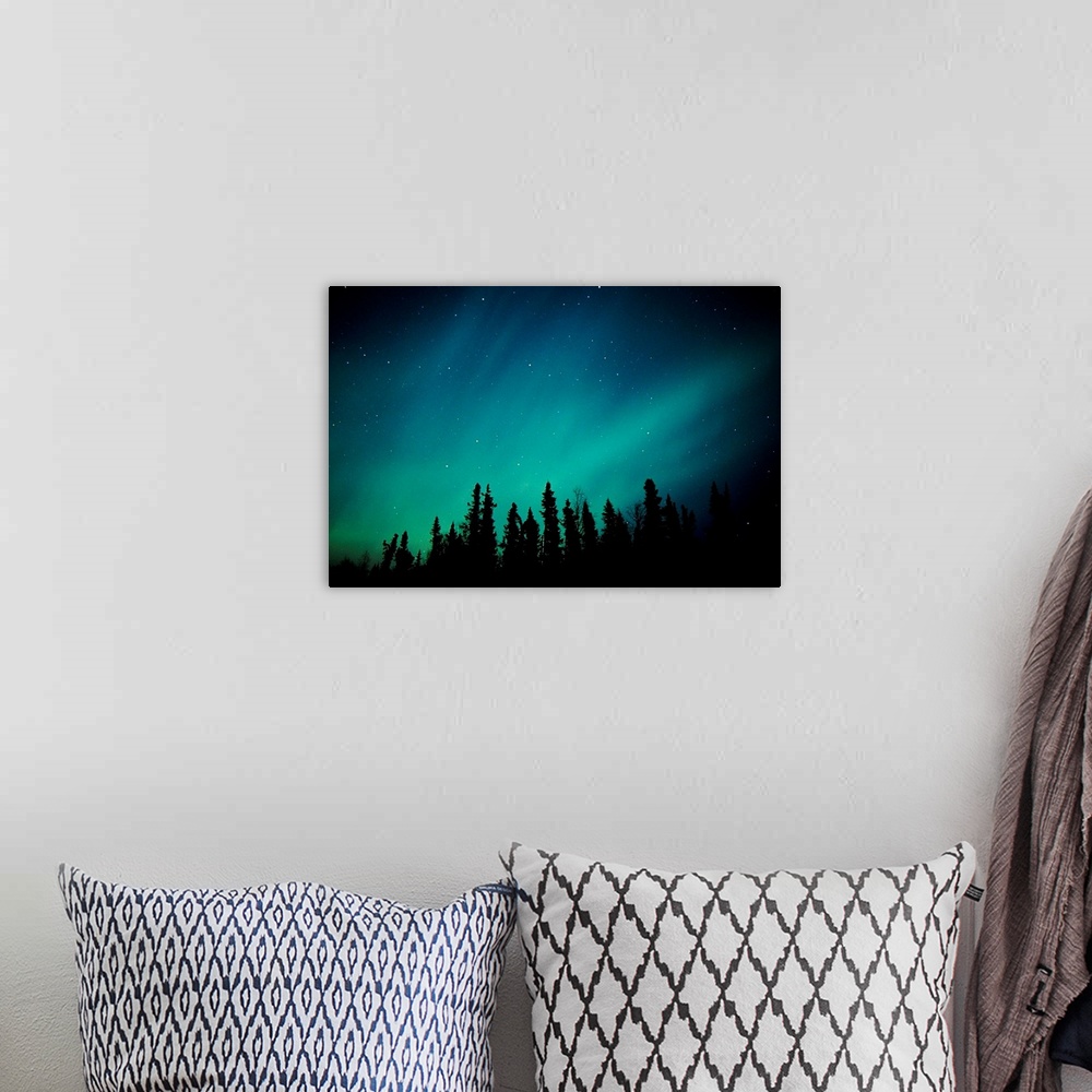A bohemian room featuring Landscape photograph on a giant canvas of the Aurora Borealis over the Black Spruce forest, near ...