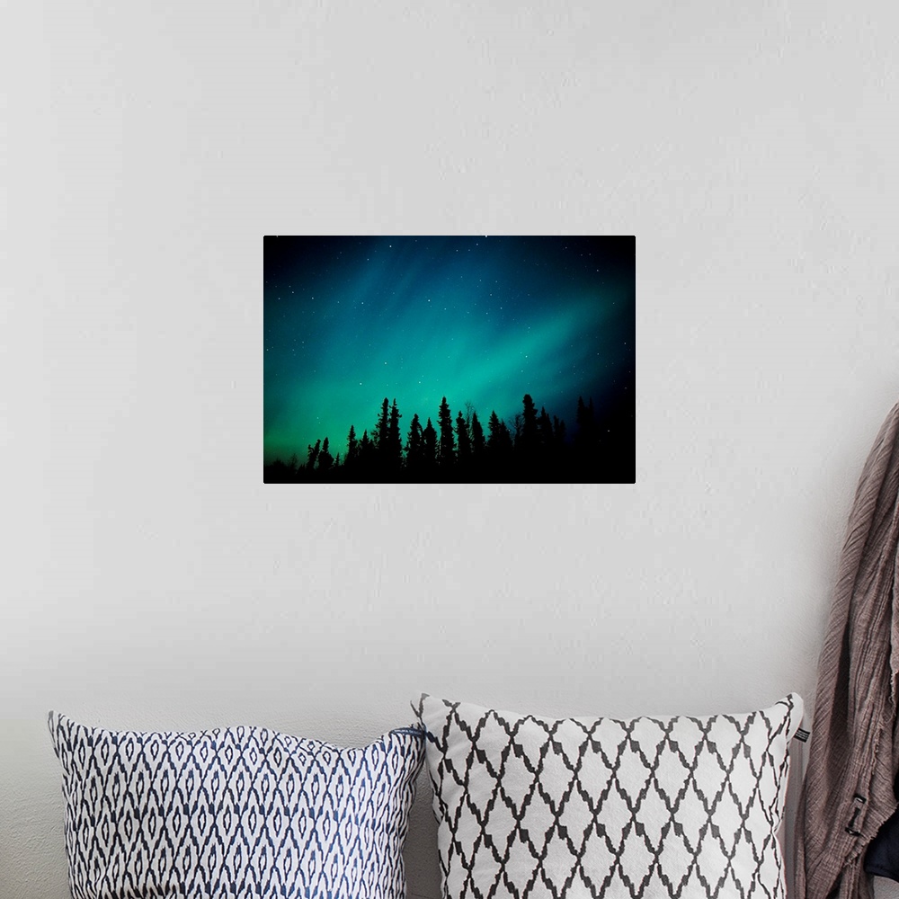 A bohemian room featuring Landscape photograph on a giant canvas of the Aurora Borealis over the Black Spruce forest, near ...