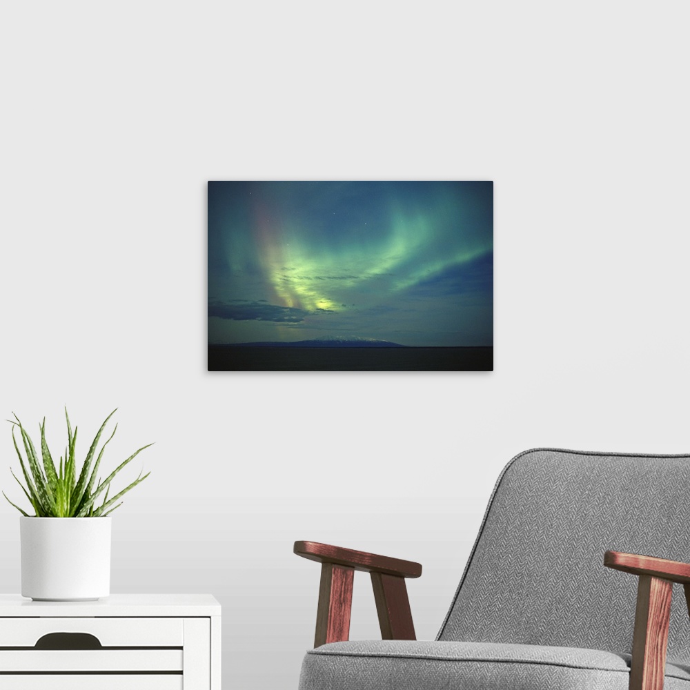 A modern room featuring Northern Lights Over Cook Inlet & Mt Susitna SC Alaska scenic
