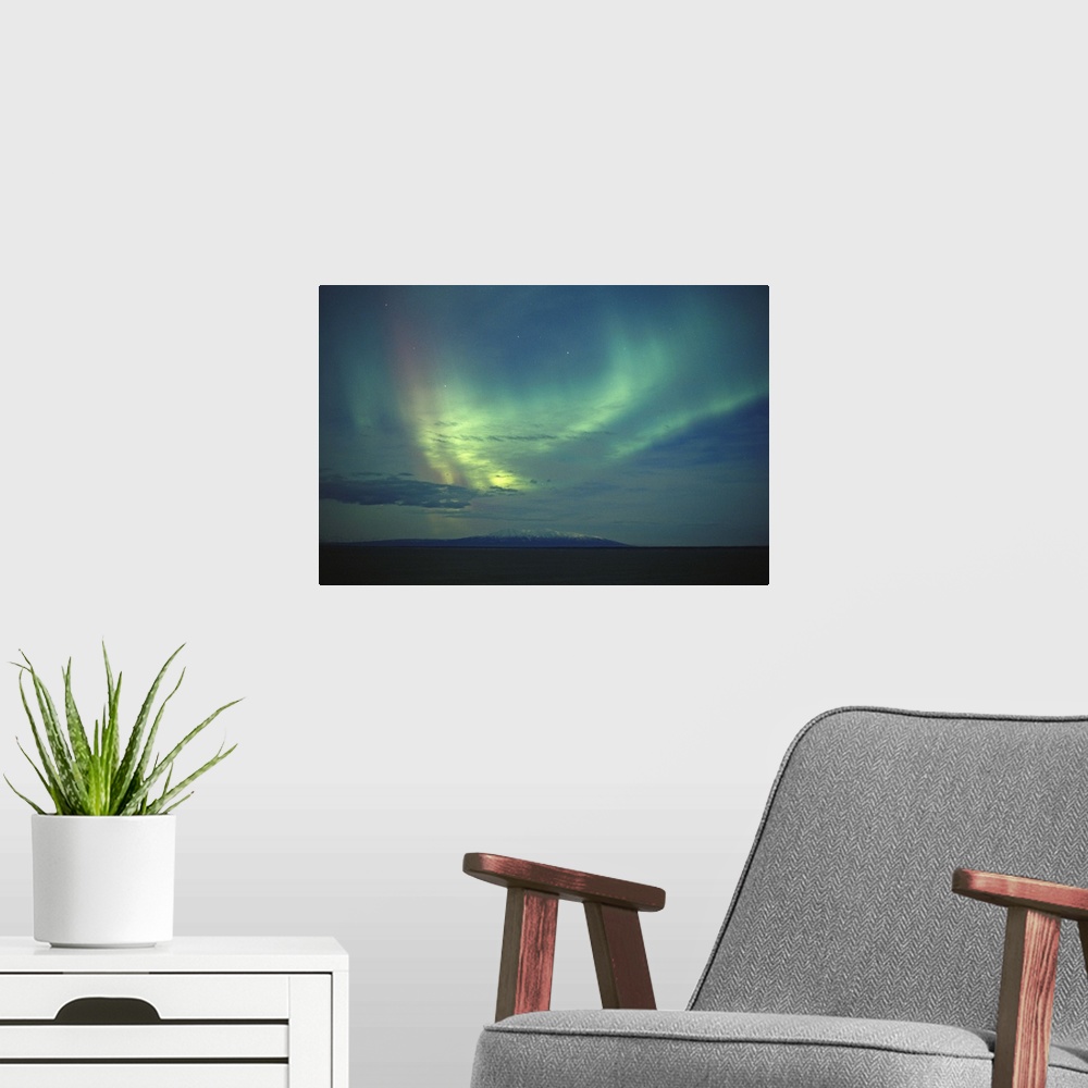 A modern room featuring Northern Lights Over Cook Inlet & Mt Susitna SC Alaska scenic