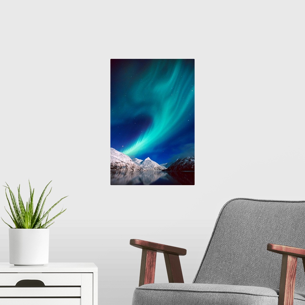 A modern room featuring Northern Lights over Portage Lake and Chugach Mountains, Southcentral, Alaska