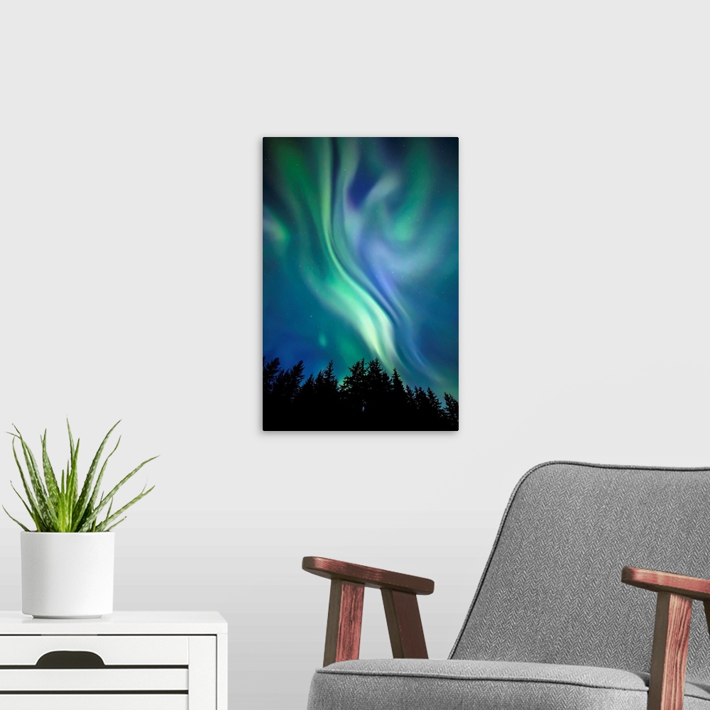 A modern room featuring Northern Lights, Tongass National Forest, near Juneau; Alaska, United States of America.