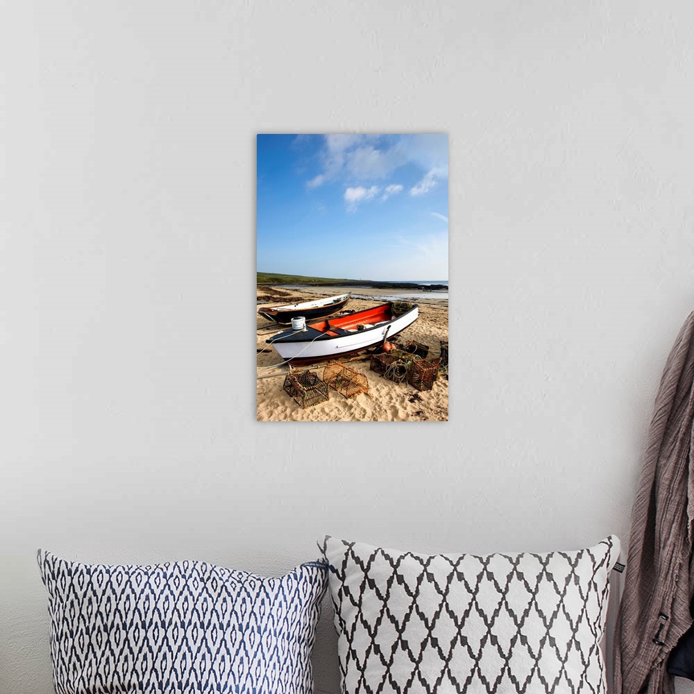 A bohemian room featuring Northumberland, England, Fishing Boats And Nets On Shore.