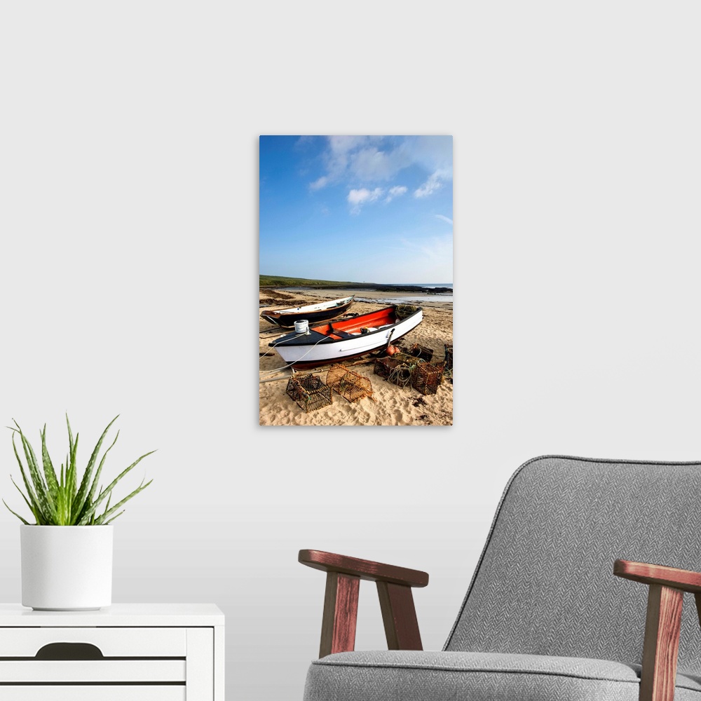 A modern room featuring Northumberland, England, Fishing Boats And Nets On Shore.
