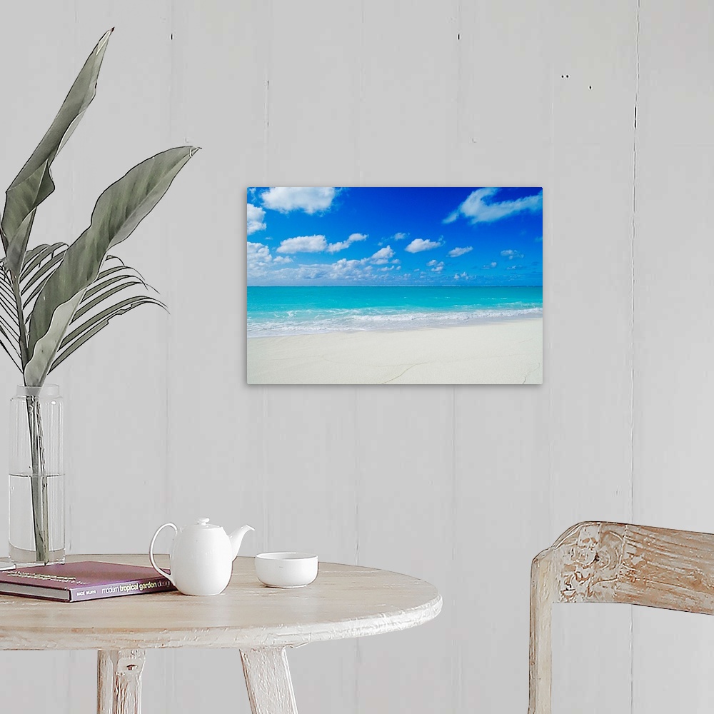A farmhouse room featuring Photograph of white sandy beach and crystal clear blue waters on a calm, clear day in Hawaii.
