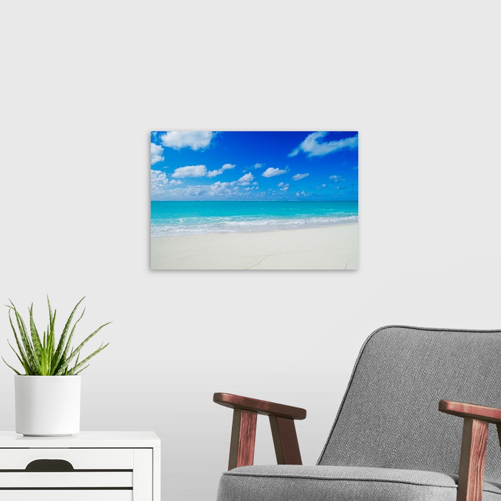A modern room featuring Photograph of white sandy beach and crystal clear blue waters on a calm, clear day in Hawaii.